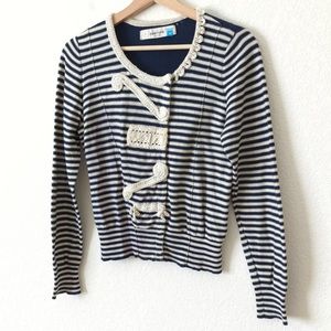 Anthropologie Sparrow Navy Blue White Striped Cardigan Sweater Crochet Medium